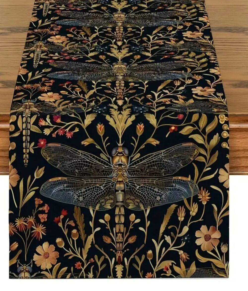 W Morris Dragonfly Table Runner 13"x72" Dark Academia Fairycore Floral Botanical